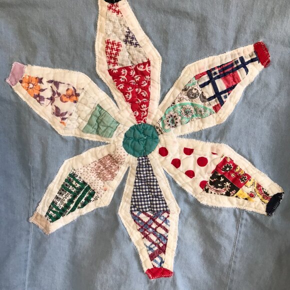 Upcycled Denim Shirt Jacket (M-L): Vintage Quilt Patchwork, Waffle Knit Sleeves - Picture 5 of 12